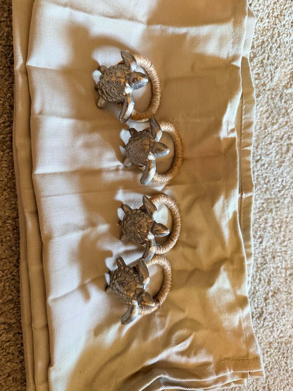 Set of 4 Silver Metal Sea Turtle Napkin Rings with Jute Rope